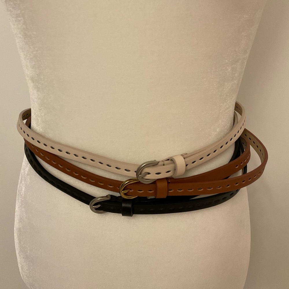 Bundle of 3 skinny/thin belts black tan cream